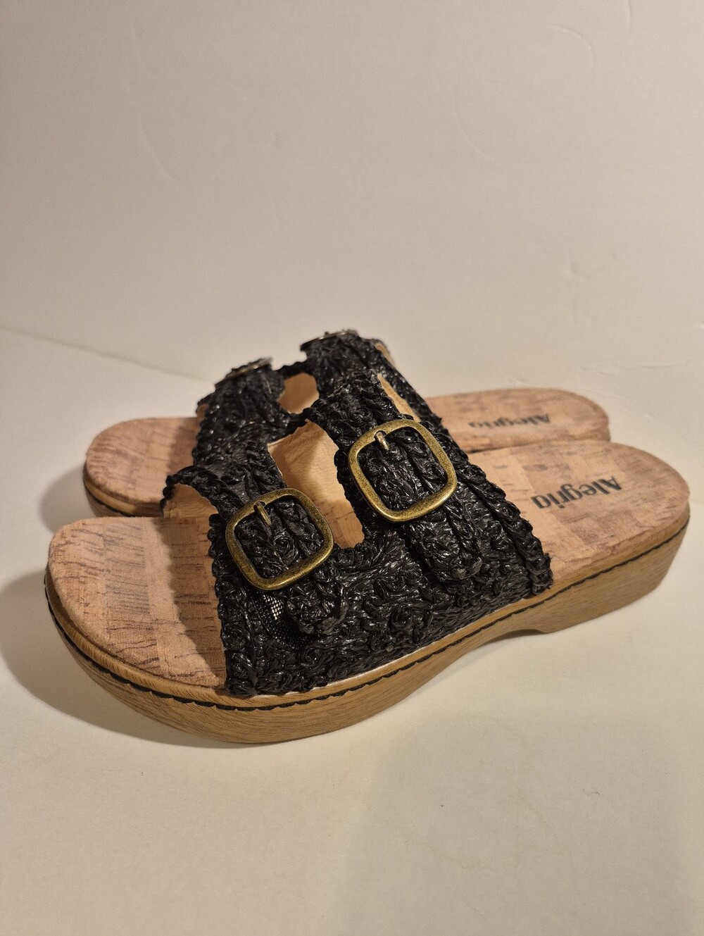 Alegria Braided Raffia Adjust Double Buckle Black Slide Sandals Sz 39 US 9